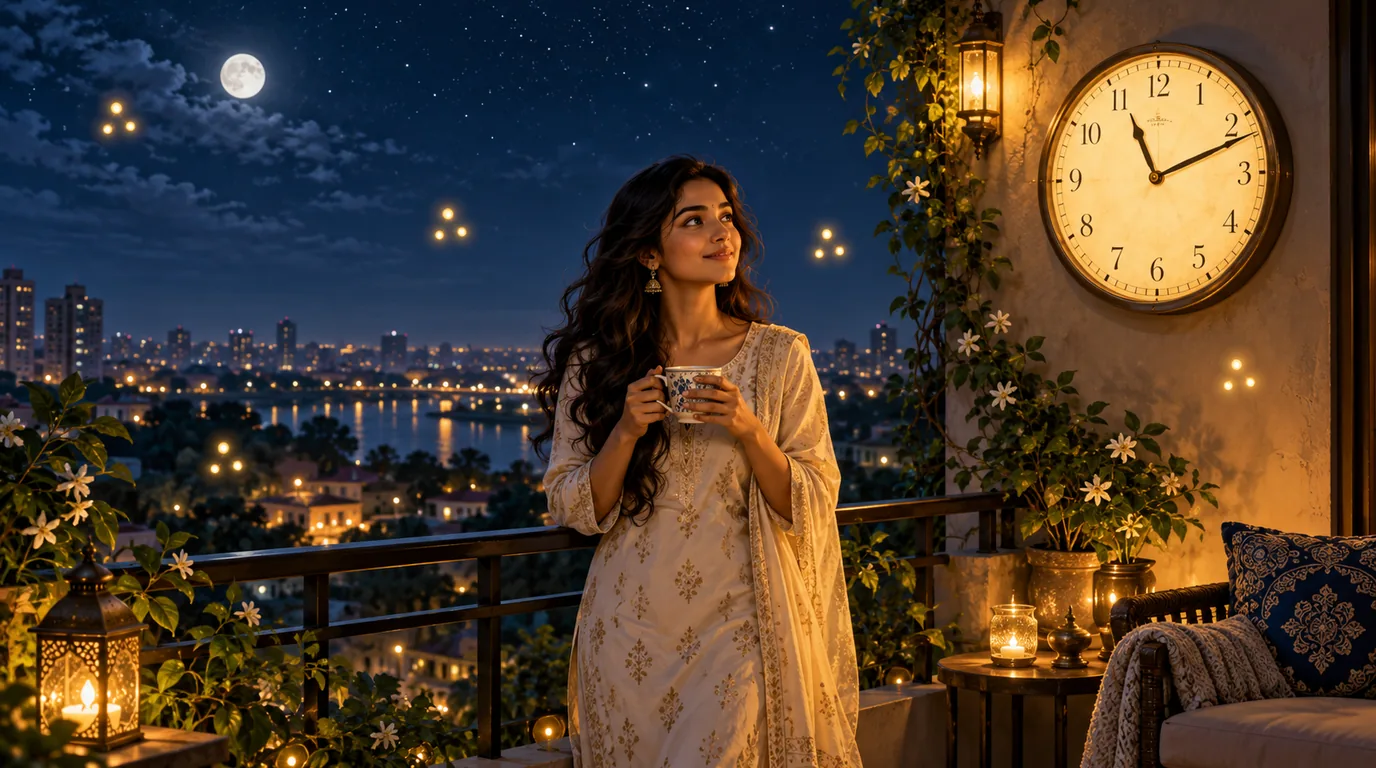 A woman with a cup of tea on a balcony at night smiles up at a wall clock, the city lights below