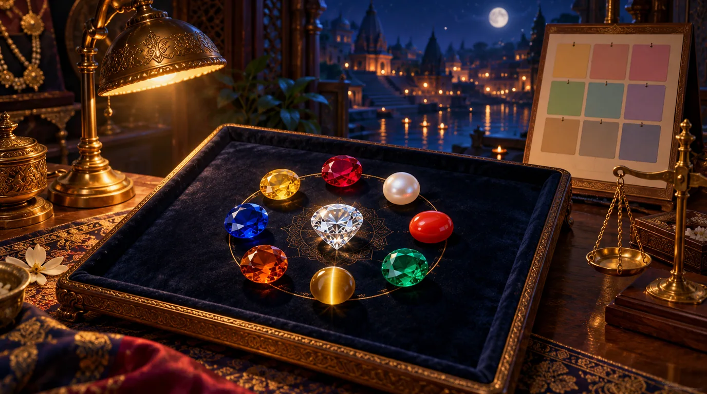 Nine gemstones in a ring on a black velvet tray, a brass lamp, a balance scale and a colour chart behind