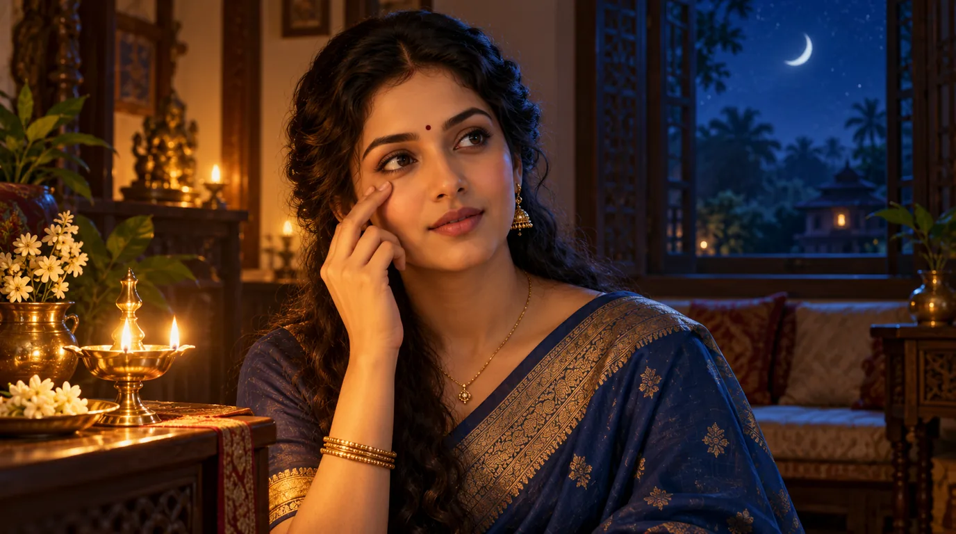 A woman in a blue silk sari touches the corner of her eye in a lamp-lit room at night
