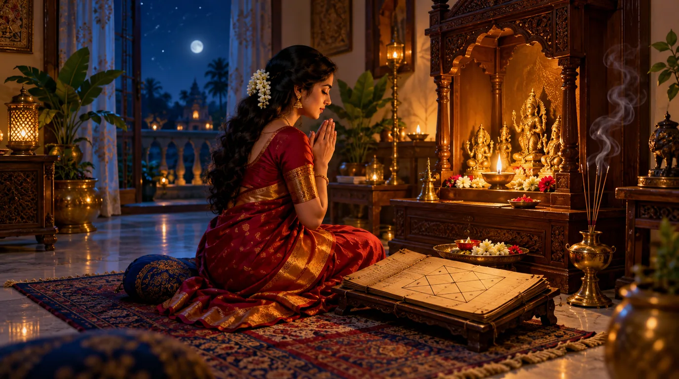 A woman in a red sari prays before a home shrine, a kundli chart open on a low stand beside her