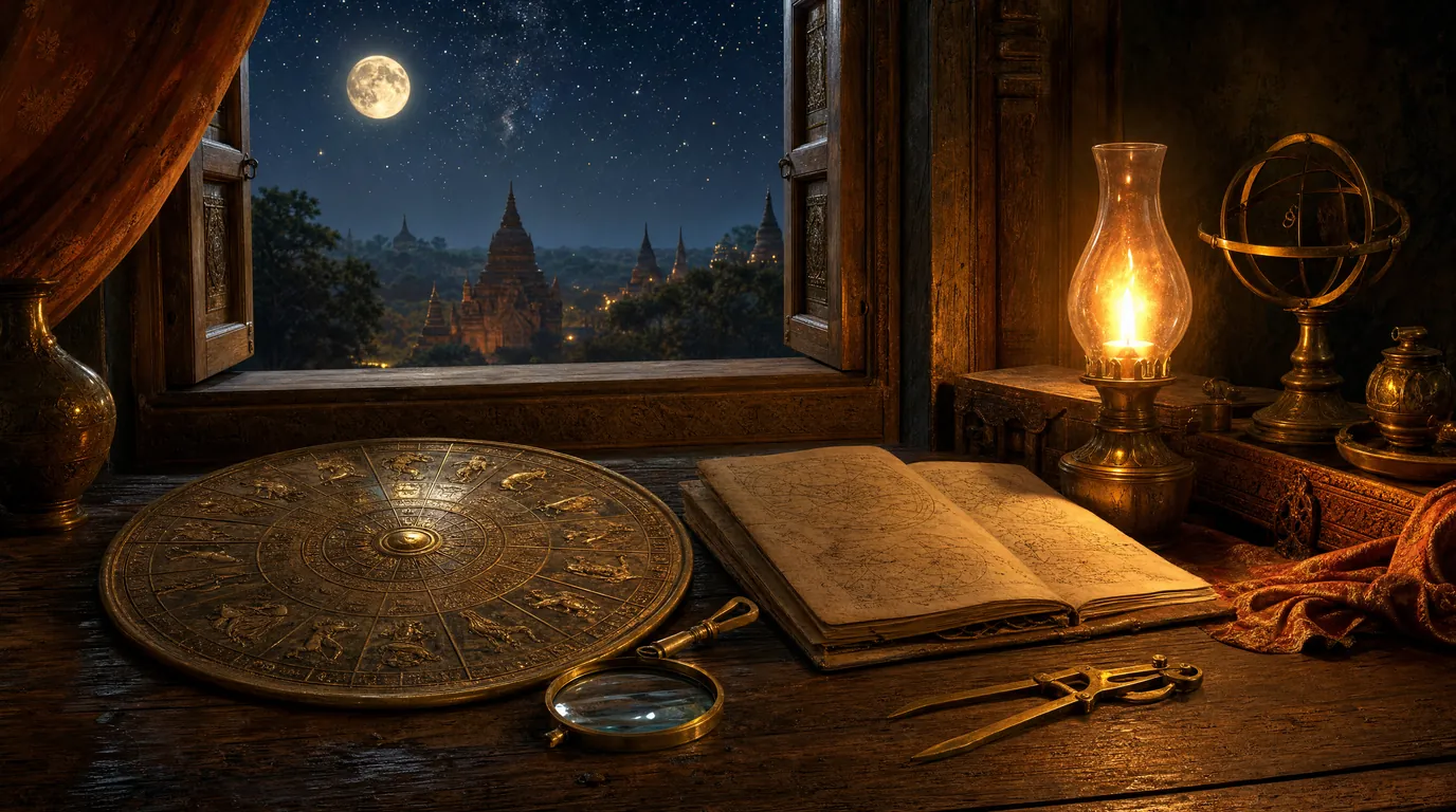 A brass zodiac wheel divided into fine segments, an open book, a magnifying glass and dividers by a lantern at night