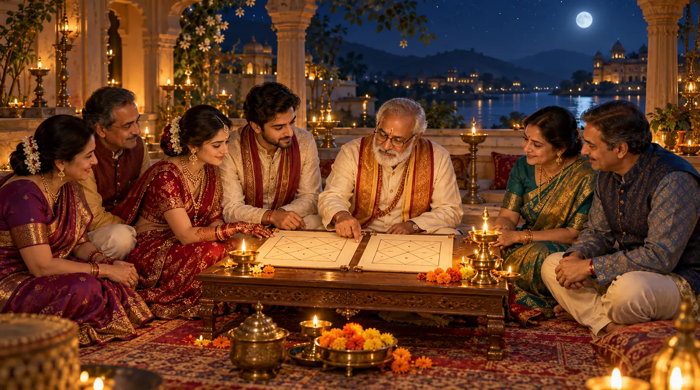 Two families sit with an elder who compares two kundli charts on a low table in a lamp-lit courtyard