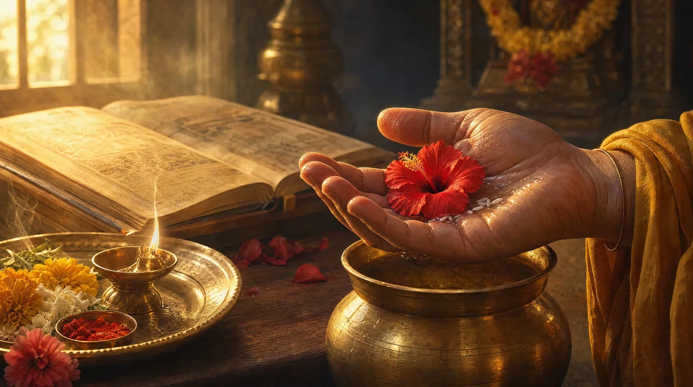 A cupped hand holding water, rice grains and a red hibiscus over a brass pot, a lamp and an open book beside it