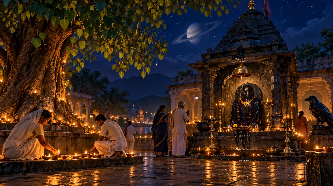 Devotees light lamps under a peepal tree beside a dark stone Shani shrine at night, Saturn above