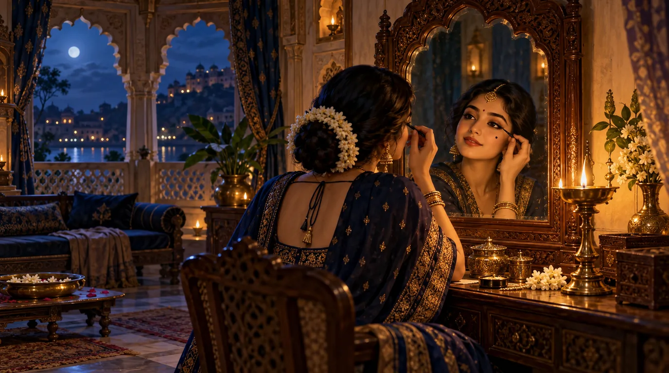 दीयों से रोशन कमरे में आईने के सामने बैठी महिला अपने चेहरे का तिल देख रही है