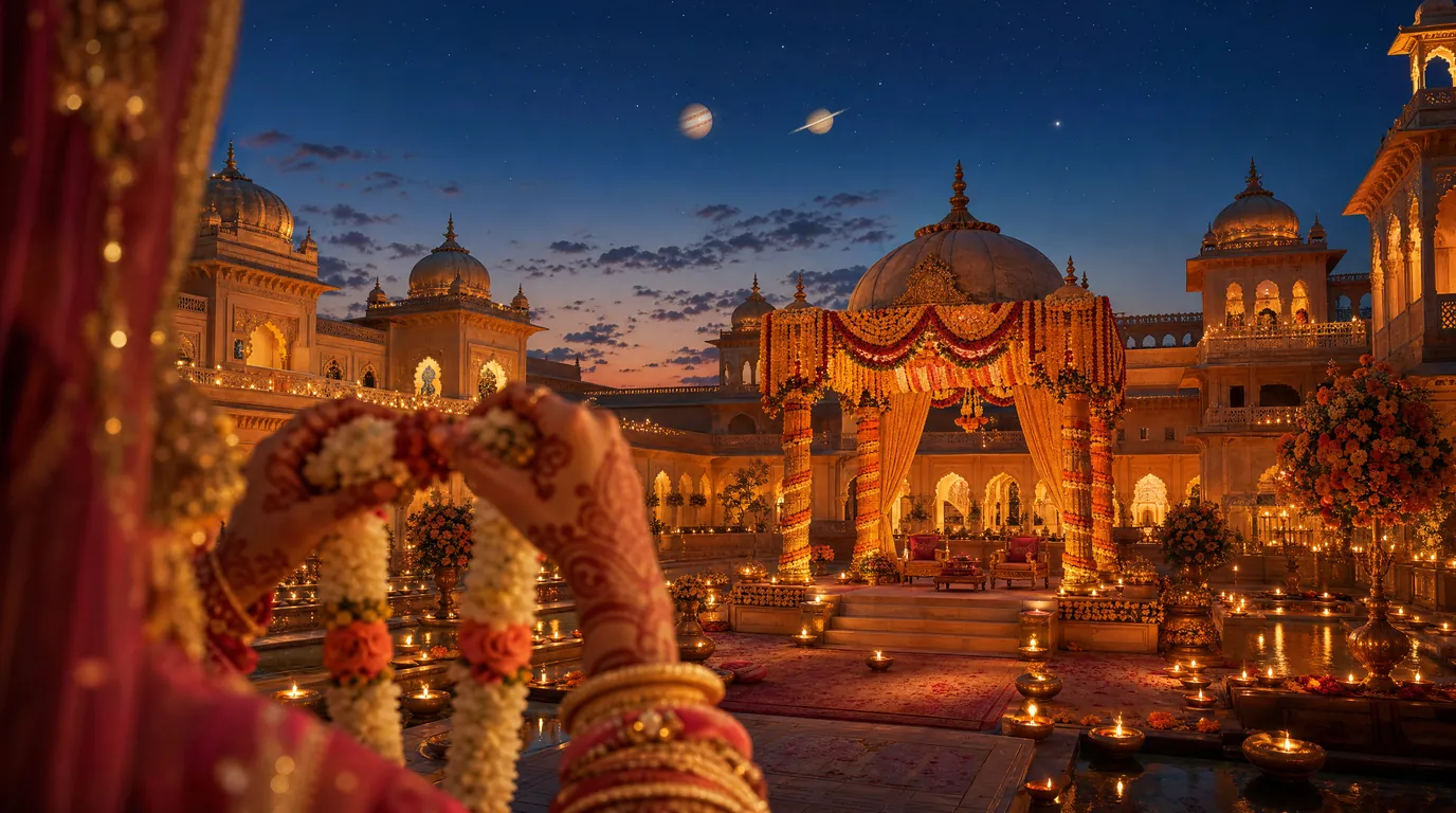 A bride's hennaed hands hold a flower garland before a lamp-lit wedding mandap at a palace, planets in the evening sky