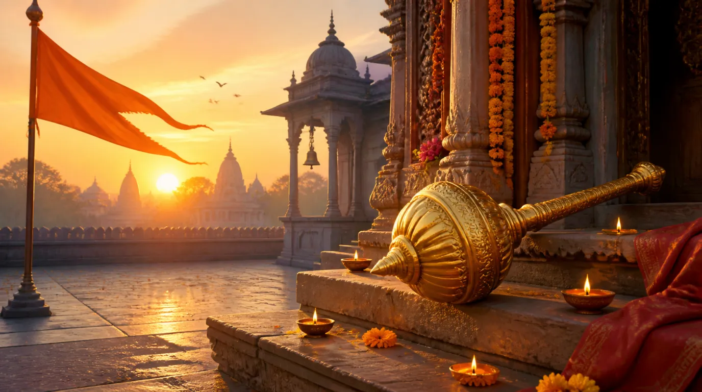 A ceremonial gada, saffron flag and temple courtyard at sunrise for Hanuman Jayanti