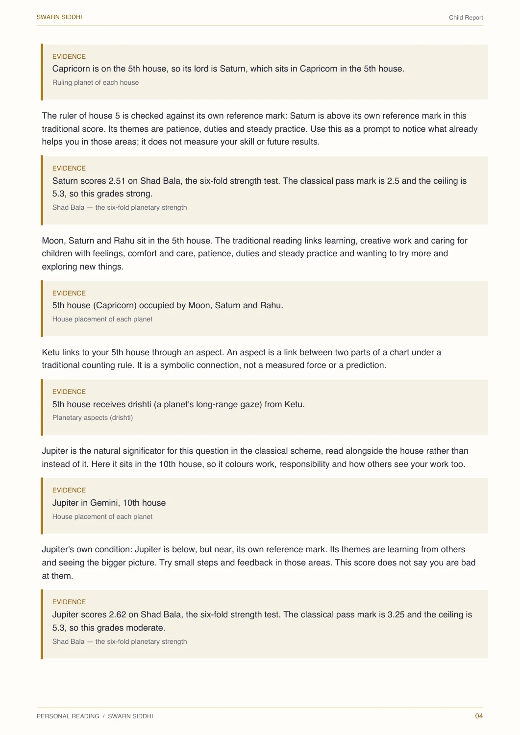 Screenshot from a generated Child Report for an invented adult profile. It makes no fertility or conception assessment.
