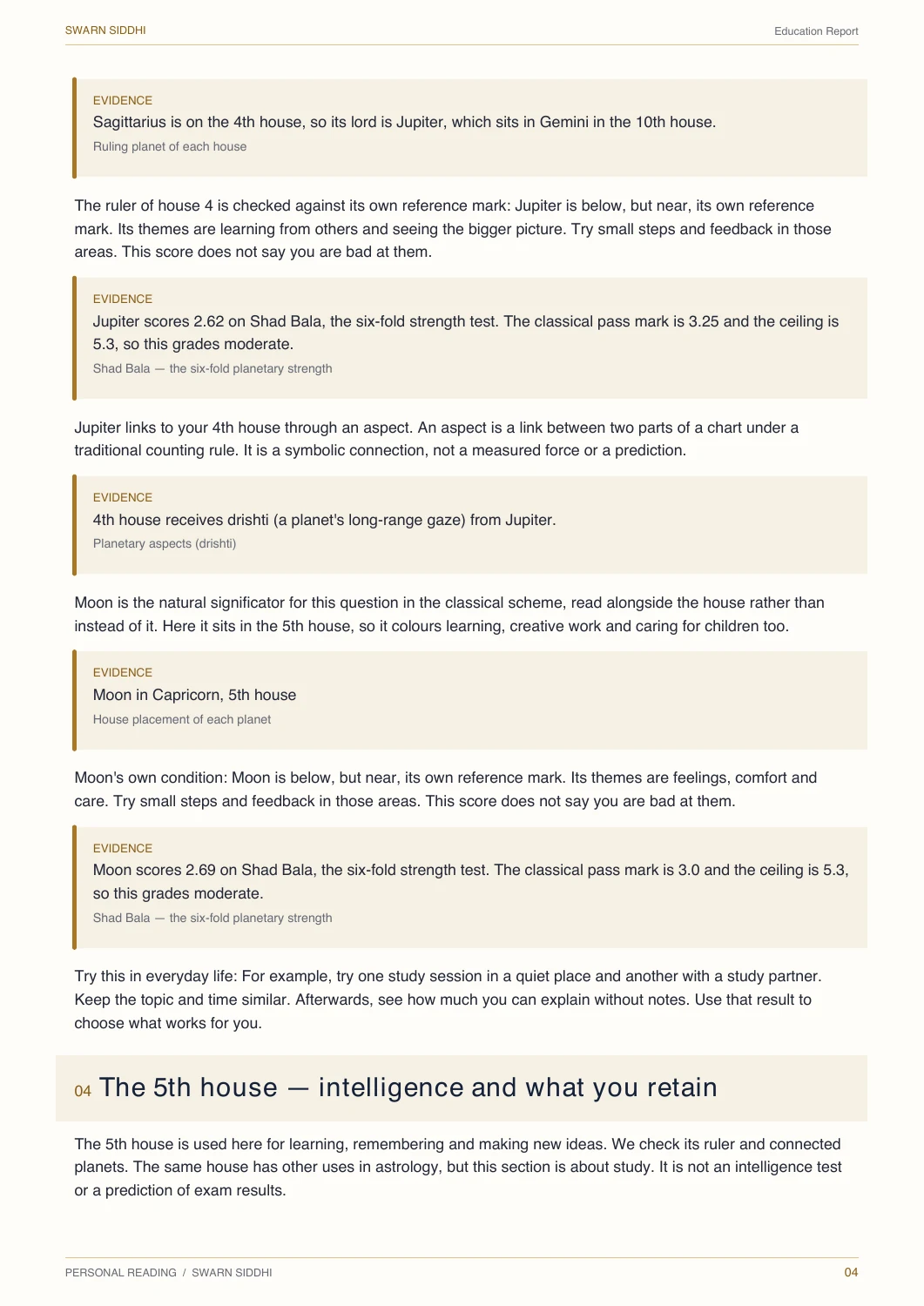 Screenshot from a generated Education Report for an invented adult profile. The reading is not an intelligence test.