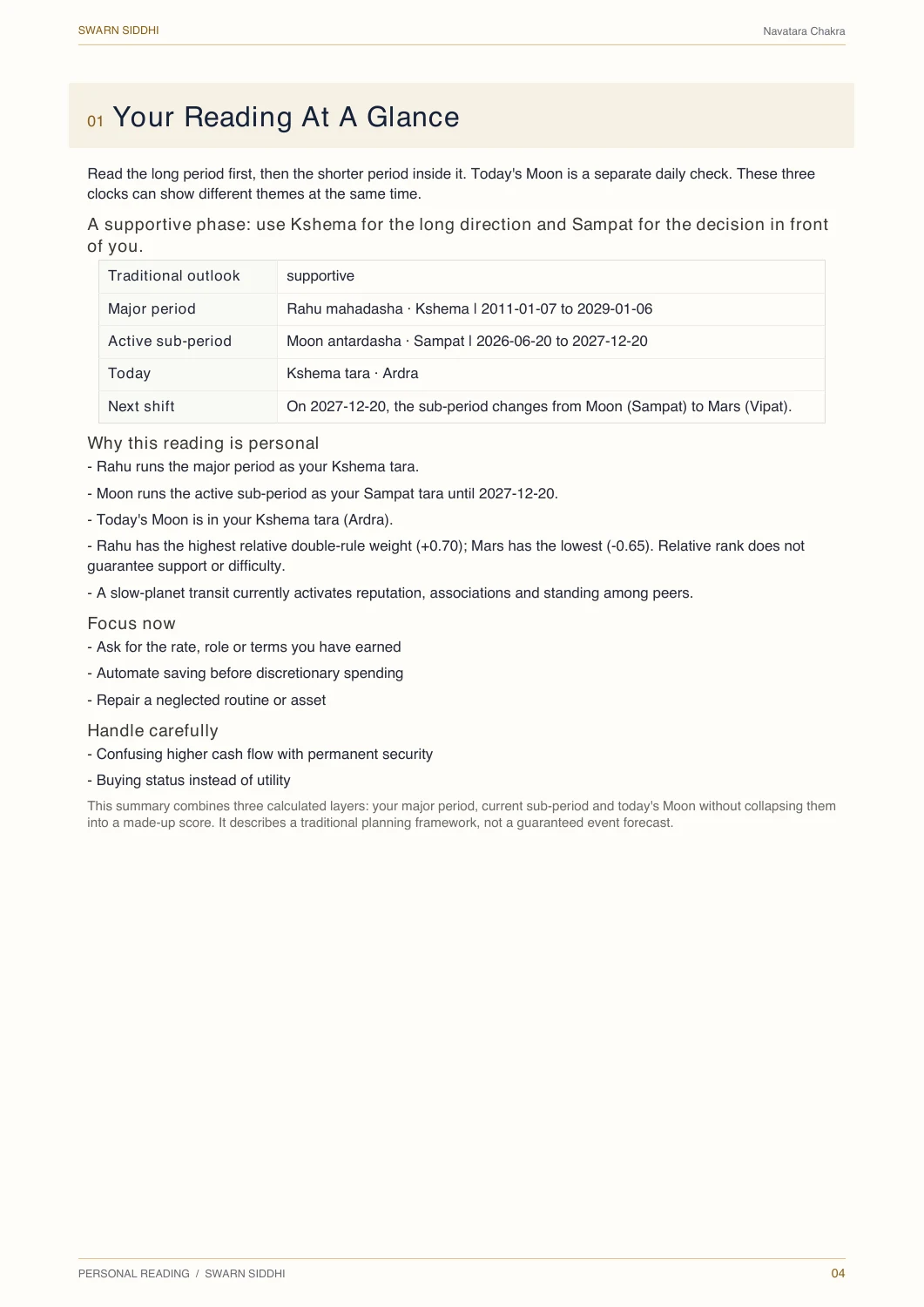A generated Navatara report for an invented birth profile. The excerpt shows the production report's ledger and reading format.