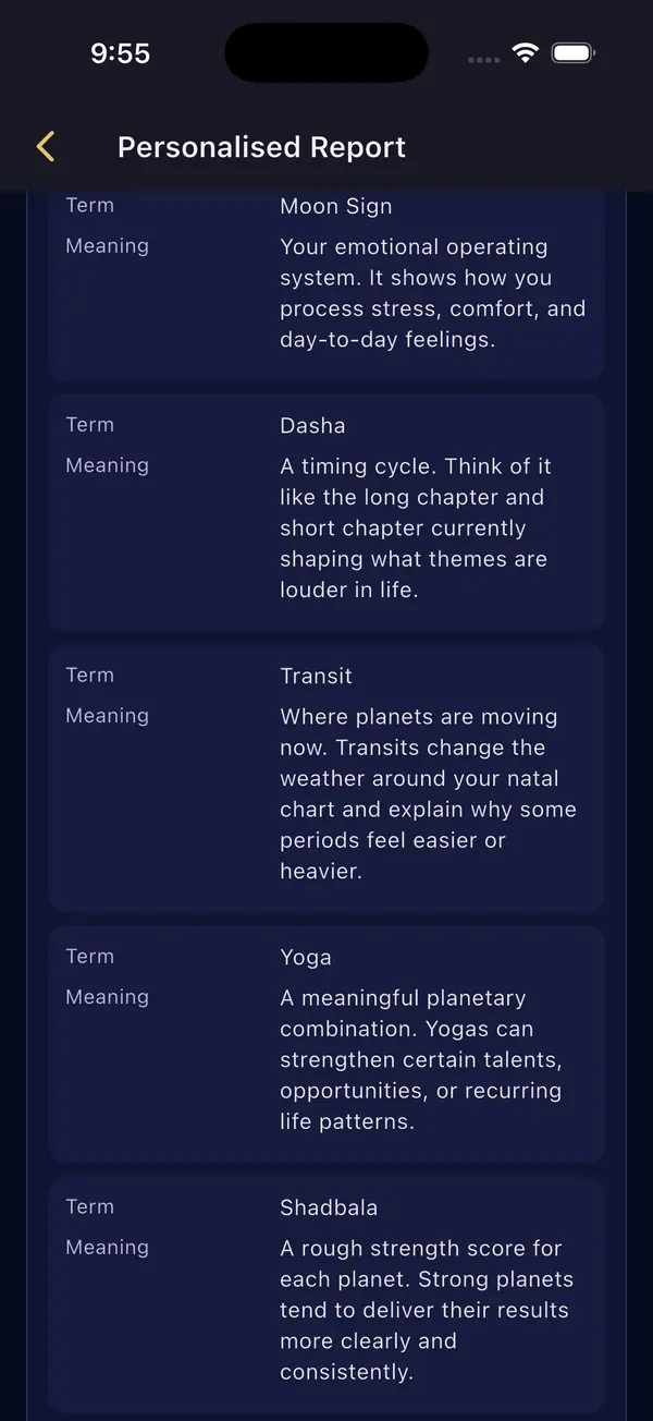 The free report in the app, giving plain-English meanings for chart terms such as Dasha, Transit, Yoga and Shadbala