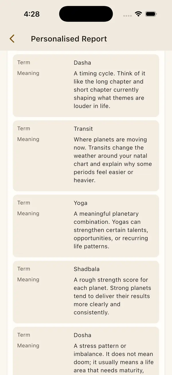 The free report in the app, giving plain-English meanings for chart terms such as Dasha, Transit, Yoga and Shadbala