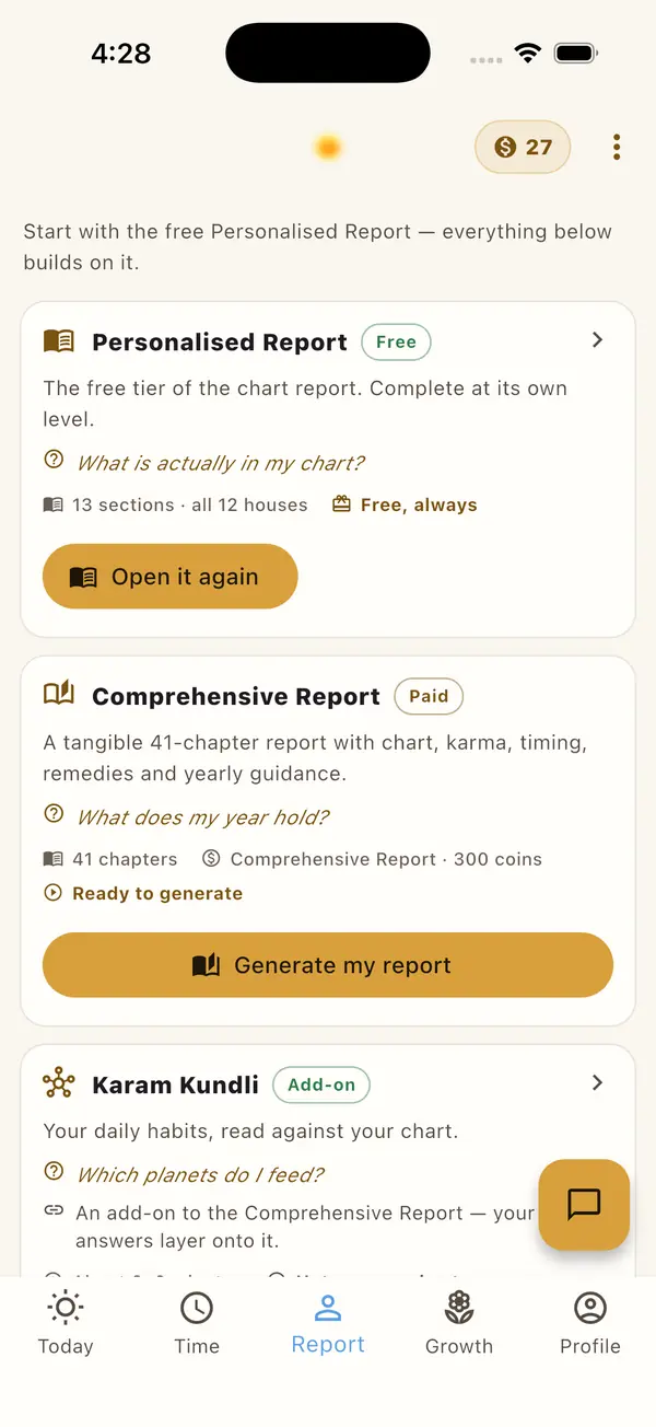 The app's report shelf, with the free report and the longer paid ones listed beneath it