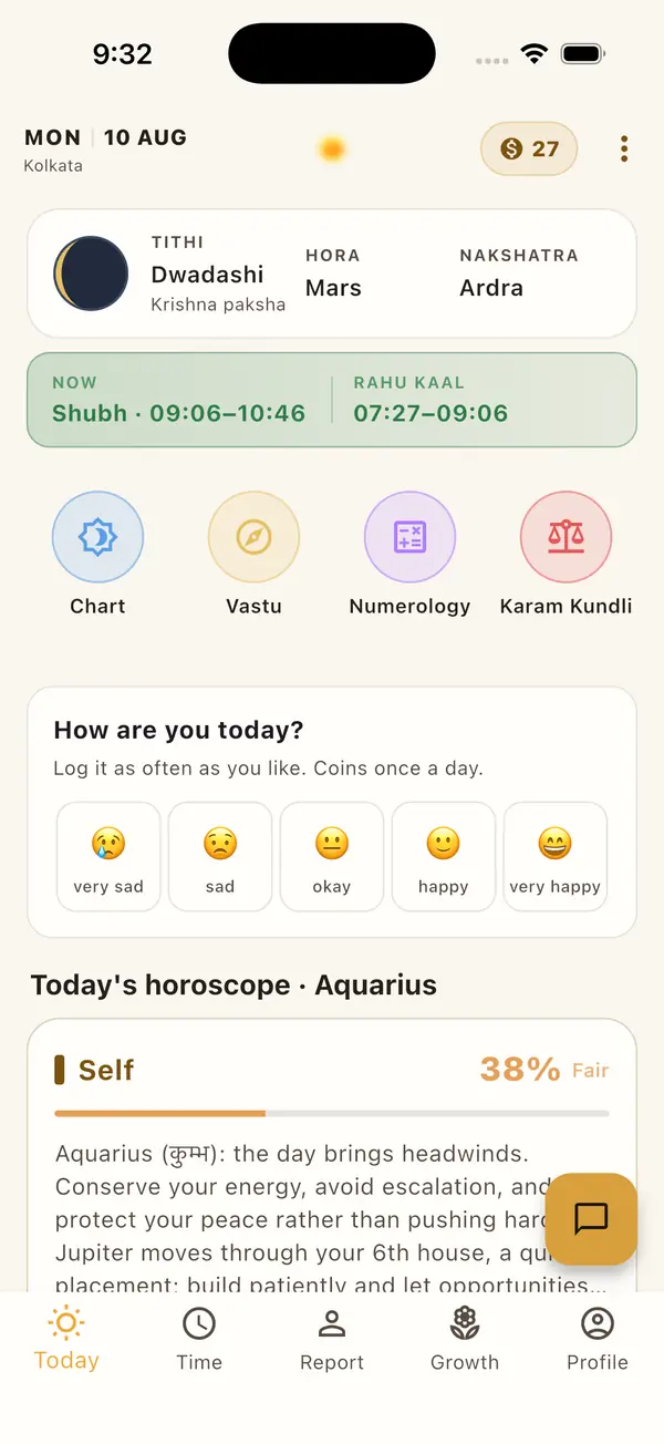 The app's Today screen: the day's tithi, hora and nakshatra, the Shubh window running now beside Rahu Kaal, and today's horoscope