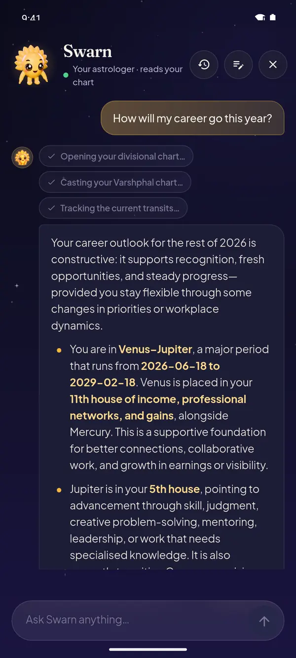 Swarn, the app's AI astrologer, answering a career question from the chart: the Venus–Jupiter period running now, with its dates