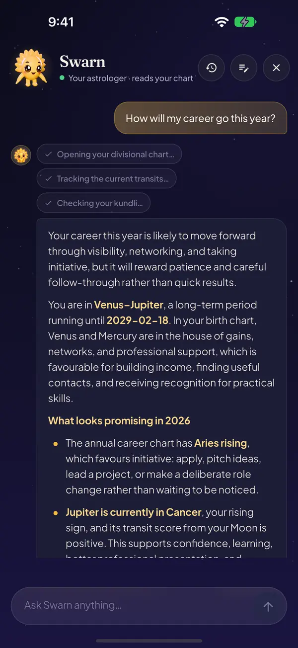 Swarn, the iPhone app's AI astrologer, answering a career question from the chart: the Venus–Jupiter period running now, with its dates