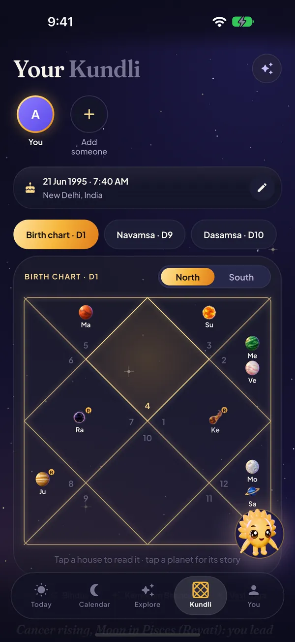 The iPhone app's Kundli screen: the North Indian birth chart (D1) with every planet in its house, and tabs for the Navamsa (D9) and Dasamsa (D10)