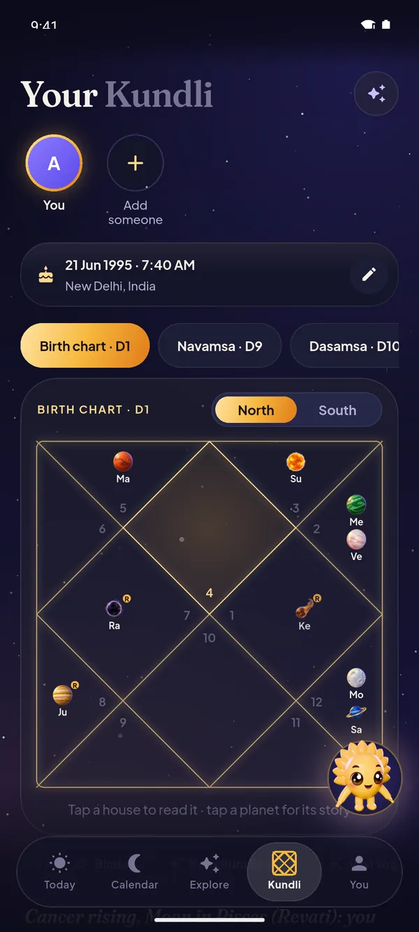 The app's Kundli screen: the North Indian birth chart (D1) with every planet in its house, and tabs for the Navamsa (D9) and Dasamsa (D10)
