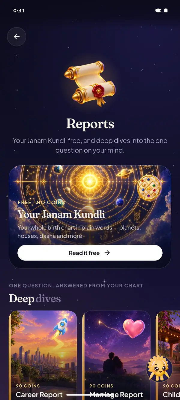 The app's Reports screen: the Janam Kundli report free, then deep-dive reports such as Career and Marriage