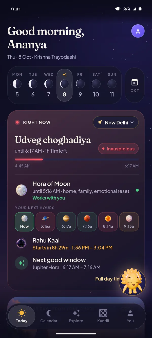 The app's Today screen for New Delhi: the day's tithi, the choghadiya and hora running now, Rahu Kaal and the next good window